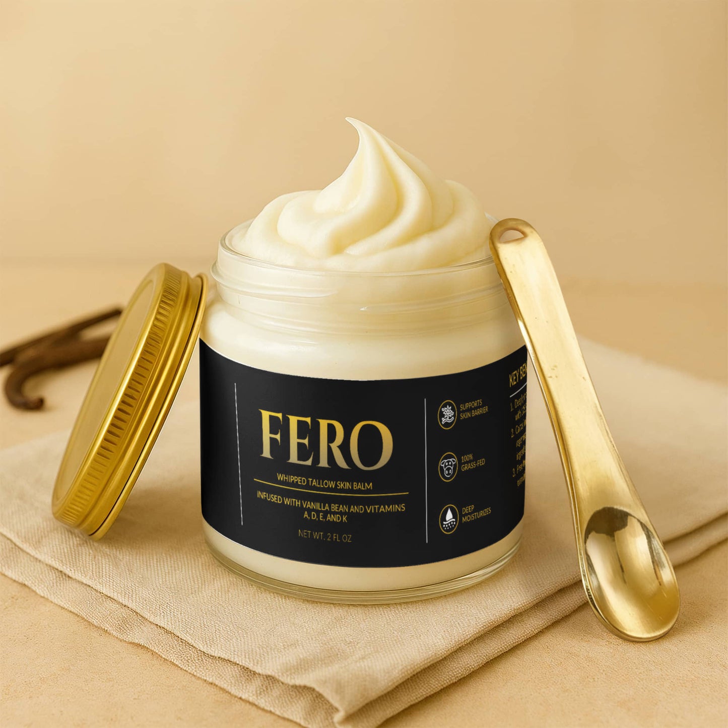 FERO Whipped Grass-Fed Tallow Balm jar on bathroom counter