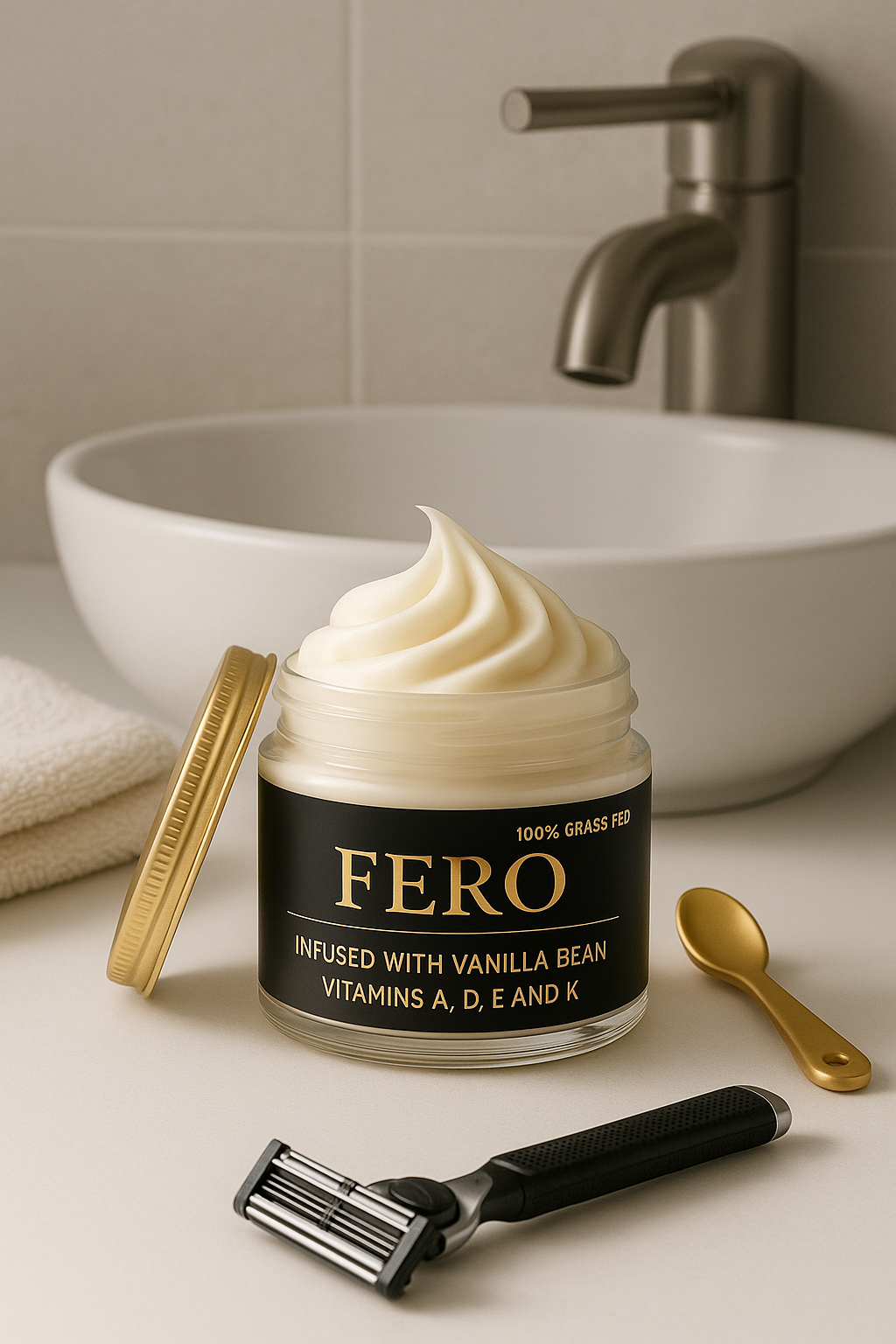 FERO whipped tallow balm in a clear glass jar – premium men’s skincare