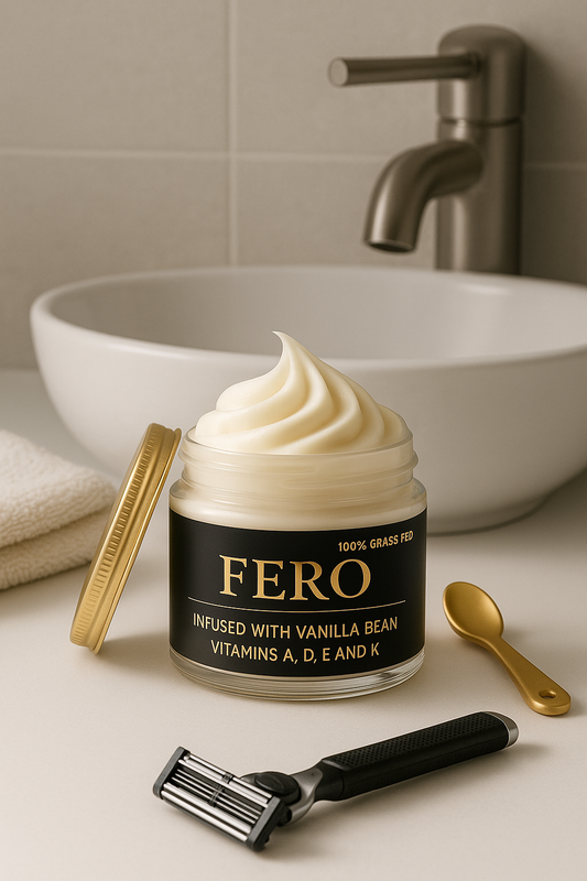 FERO whipped tallow balm in a clear glass jar – premium men’s skincare