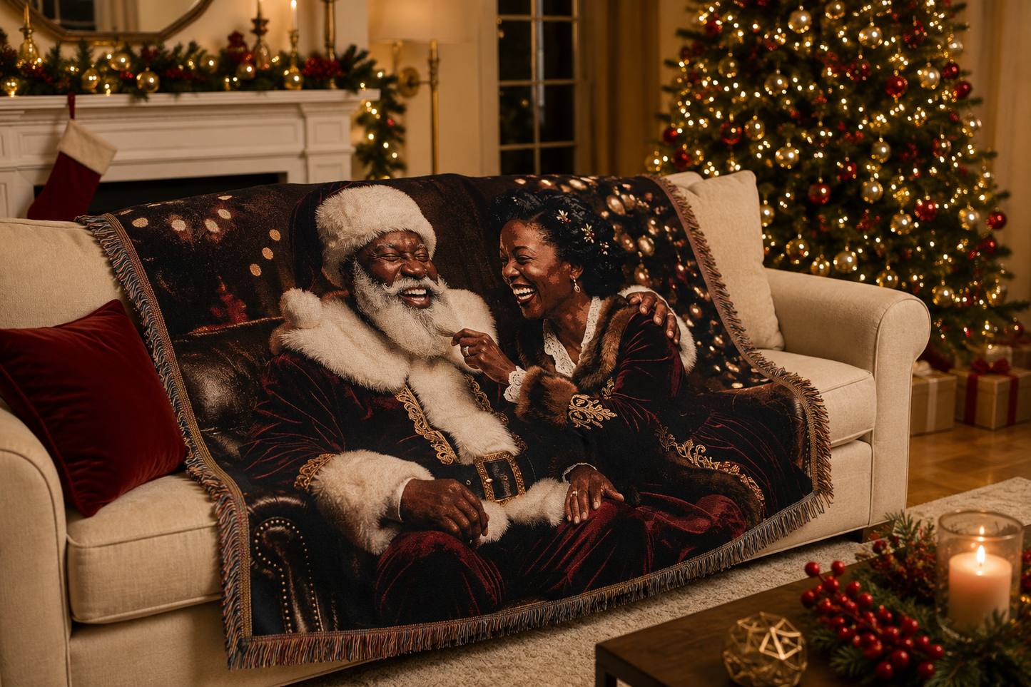 African American Santa Woven Blanket — Cozy Holiday Throw for Christmas Decor & Family Moments