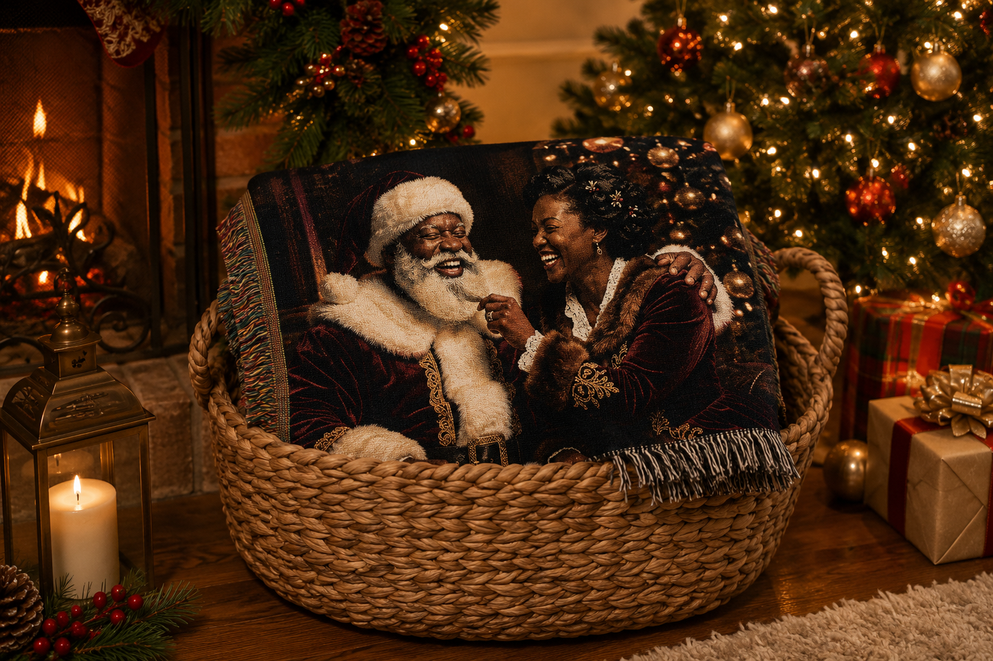 African American Santa Woven Blanket — Cozy Holiday Throw for Christmas Decor & Family Moments