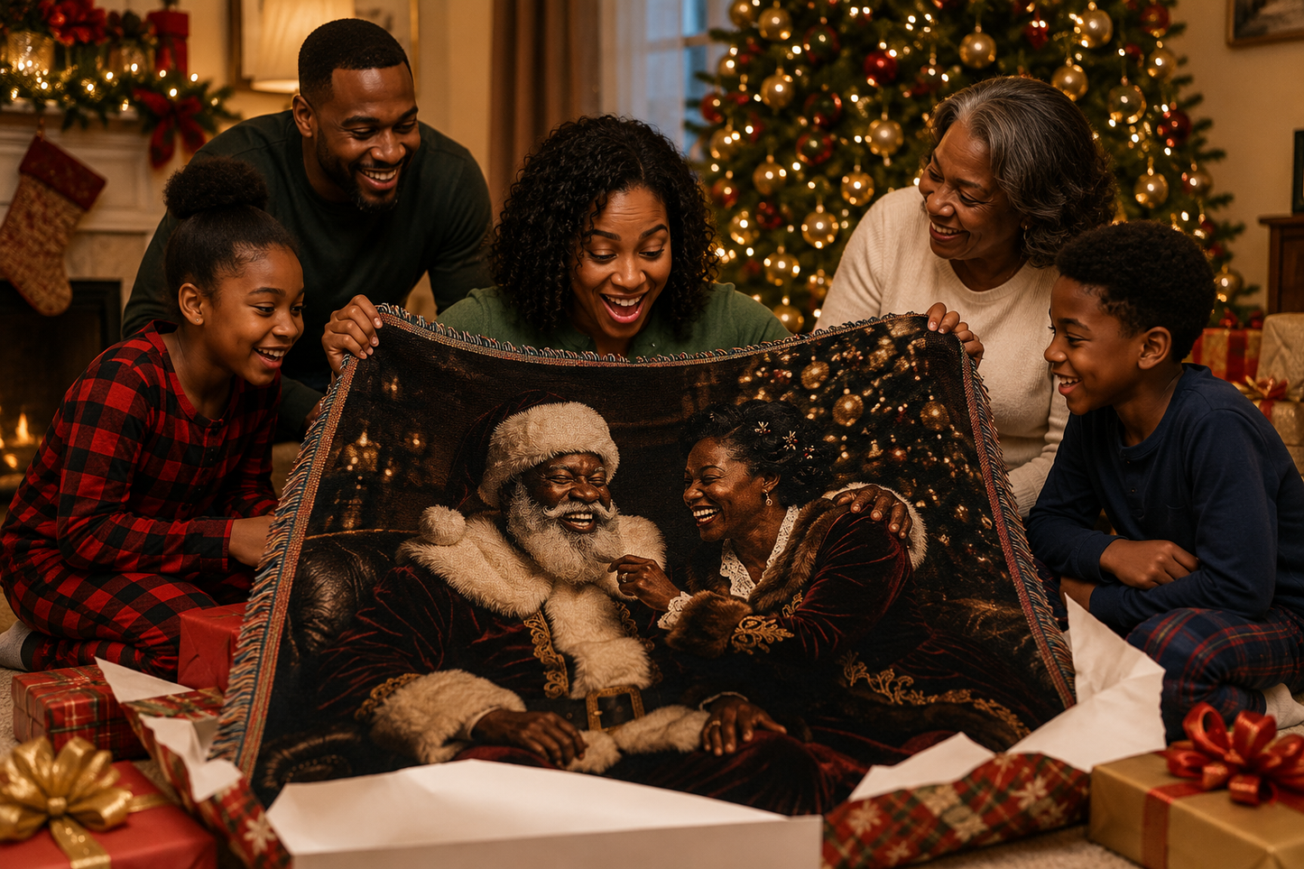 African American Santa Woven Blanket — Cozy Holiday Throw for Christmas Decor & Family Moments