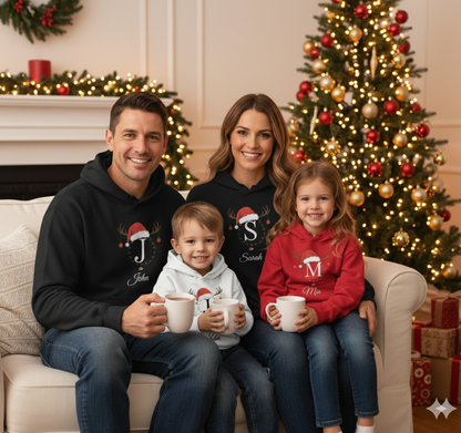 Personalized Family Christmas Hoodie – Custom Name & Initial Santa Hat Sweatshirt (Unisex Holiday Hoodie)