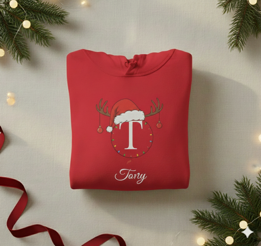 Personalized Family Christmas Hoodie – Custom Name & Initial Santa Hat Sweatshirt (Unisex Holiday Hoodie)