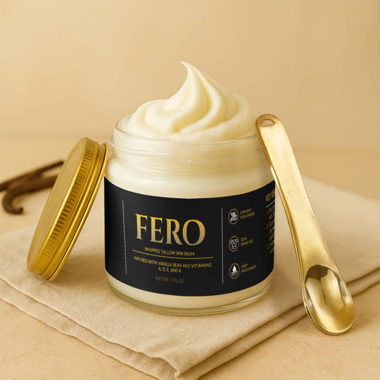 FERO Whipped Grass-Fed Tallow Balm jar on bathroom counter